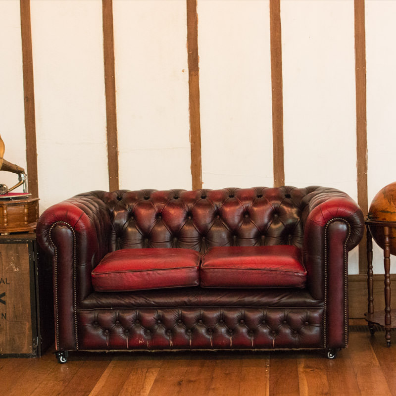 Oxblood Leather Chesterfield Two Seater Sofa - Aged